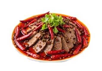 Ultra realistic UHD photo of Sichuan spicy beef, thinly sliced, in vibrant red chili oil with dried chilies, peppercorns, and green garnish, on transparent background, high contrast, sharp focus,
