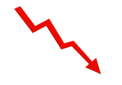 A red arrow points downwards indicating a sharp decline or negative trend in a financial or economic context isolated on transparent background