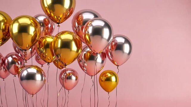 Colorful metallic balloons in various sizes floating against a soft pink background, celebrating joy