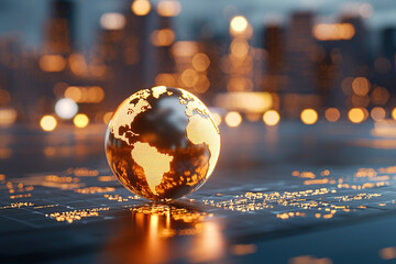 Glowing globe representing global connectivity and technology, set against blurred cityscape background, evokes sense of innovation and progress