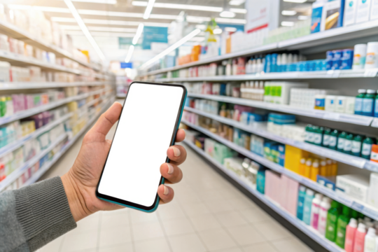 Person holding smartphone in pharmacy aisle with products on shelves