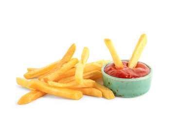 Tasty french fries and bowl of ketchup on white background