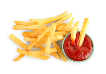 Tasty french fries and bowl of ketchup on white background