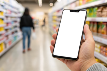 Person holding a smartphone in a grocery store aisle