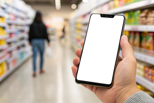 Person holding a smartphone in a grocery store aisle