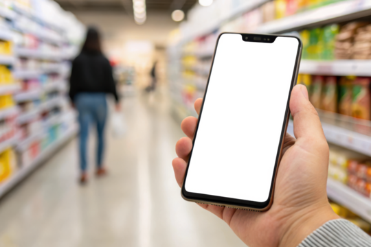 Person holding a smartphone in a grocery store aisle