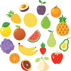 Colorful Fruit Icon Set &ndash; Fresh and Juicy Vector Illustration