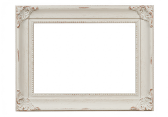 An ornate distressed white wooden picture frame with decorative scrollwork in the corners is isolated on a transparent background