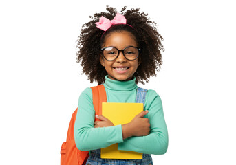 A happy young african american girl wearing glasses and a pink bow in her curly hair holding books and a backpack smiles at the camera isolated on