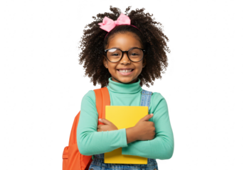 A happy young african american girl wearing glasses and a pink bow in her curly hair holding books and a backpack smiles at the camera isolated on
