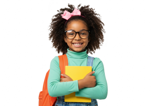 A happy young african american girl wearing glasses and a pink bow in her curly hair holding books and a backpack smiles at the camera isolated on - Powered by Adobe