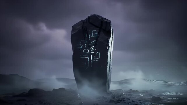 Epic Fantasy Monolith with Glowing Runes during a Powerful Lightning Storm in a Mysterious Alien Landscape