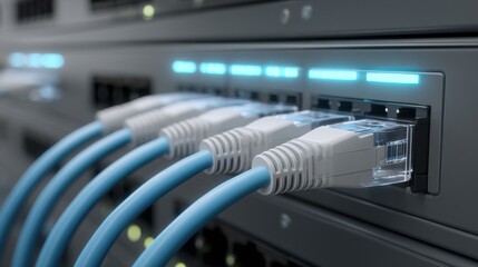 Naklejka premium Close-up of blue cables plugged into a server, with glowing lights indicating activity.