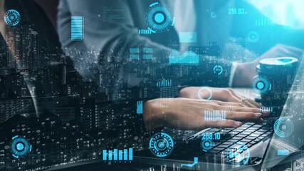 A modern business setting showcasing hands typing on a laptop with digital overlays of data analysis and cityscape, symbolizing innovation and technology. Xenic - Powered by Adobe