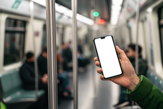 Person holding smartphone inside a moving subway train