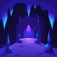 Magic cave interior with glowing blue light streaming through entrance, purple stalactites hanging overhead vector landscape background.
