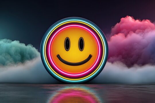 Vibrant neon smiley face glowing amidst colorful smoke clouds - Powered by Adobe