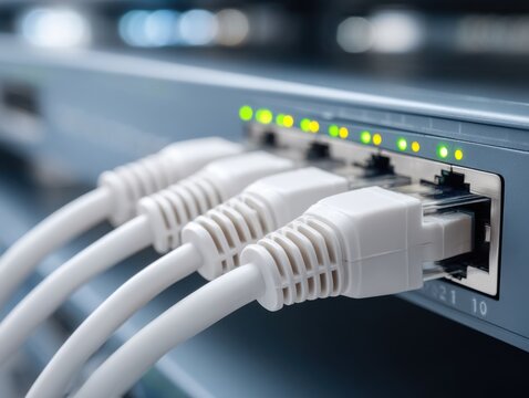Close-up of white ethernet cables plugged into a network switch, with green led lights indicating activity.