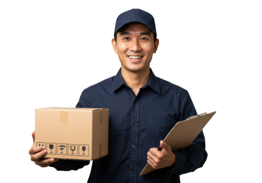 A smiling asian delivery man in a dark blue uniform and cap holds a cardboard package and a clipboard ready to deliver isolated on transparent background
