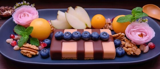 Colorful dessert arrangement on a dark plate
