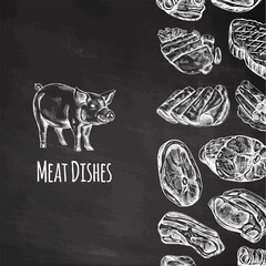Hand drawn vintage chalkboard template with pig and barbecue meat cuts, herbs and spices for restaurant menu