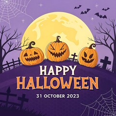 Three spooky jack o lanterns glow under a full moon on halloween night