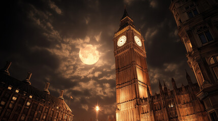 The Big Ben tower in London at night, illuminated by moonlight, captured in a hyper-realistic photographic style