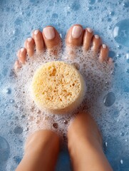 Fototapeta premium Relaxing Foot Care Treatment With Bubbling Bath and Pumice Stone for Softening and Exfoliation in a Serene Setting