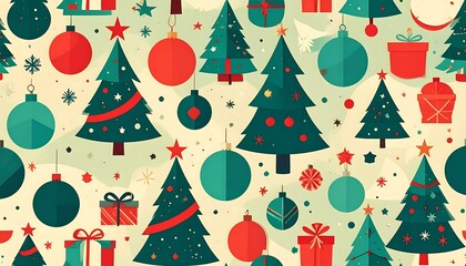 Christmas pattern of trees, gifts, and ornaments