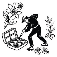 Gardener planting flowers using a brush and palette vector illustration in monochrome style