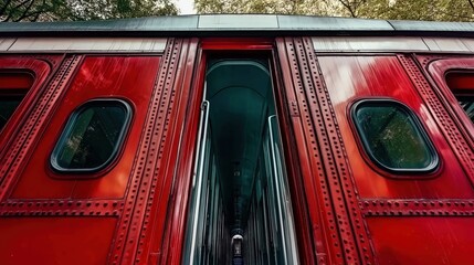 Close-up of an antique red train car with rivets and an open door