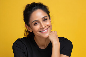 Middle age woman in black t shirt giving hand gesture and smiling