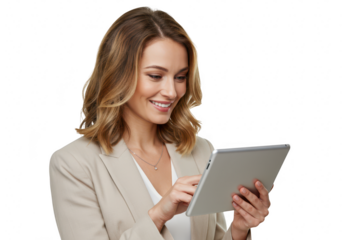 A smiling caucasian businesswoman with blonde hair in a lightcolored blazer holds a tablet and looks down at the screen with a pleasant expression
