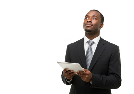 A professional african american businessman in a dark suit and tie holds a tablet and looks upwards thoughtfully contemplating his next business move