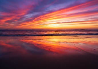 Fototapeta premium Fiery Sunset Ocean Reflection: Coastal Serenity