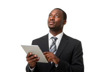 A professional african american businessman in a dark suit and tie holds a tablet and looks upwards thoughtfully contemplating his next business move