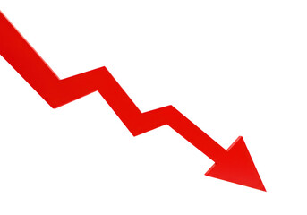 A red zigzag arrow pointing downwards symbolizing a decline or negative trend isolated on a transparent background