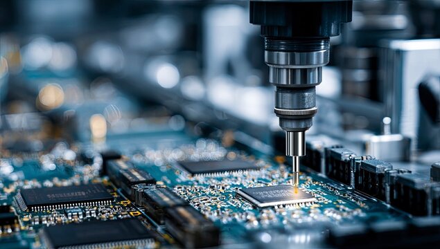 Precision robotic arm soldering microchip on circuit board in factory