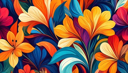 Vibrant Floral Tapestry of Orange Yellow Blue Flowers