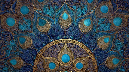 Ornamental Geometric Design Pattern In Blue And Gold