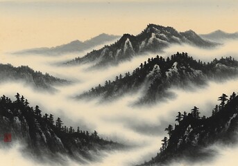 Misty Mountain Majesty: Ink Wash Landscape Painting
