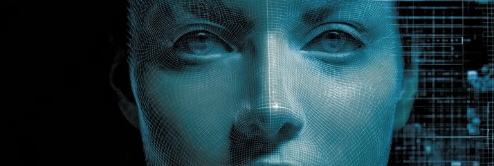 Glowing Grid Scan of Female Face Highlights Digital Age-Reduction Symbols in Captivating Artwork