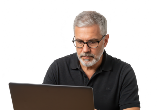 A focused senior man with gray hair a beard and glasses works intently on a laptop computer wearing a black polo shirt in a studio setting isolated on