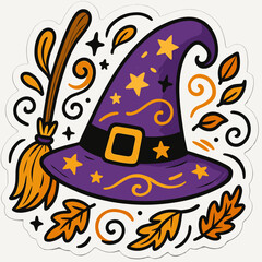 Colorful witch hat with broom and autumn leaves designed for seasonal celebration and decoration