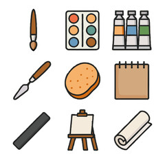 Art supplies roll watercolor tubes charcoal paintbrush icon sketchbook grid knife vector