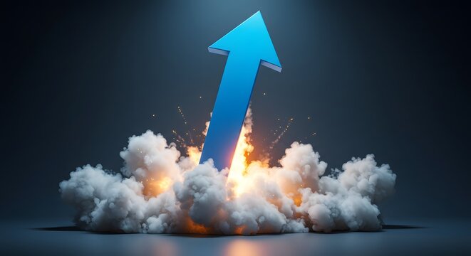 Blue arrow launches upward like a rocket with smoke trail, symbolizing business growth, success, and upward momentum on a clean gradient background with copy space.