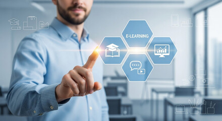Man interacting with e learning interface with icons of education and digital communication tools shown