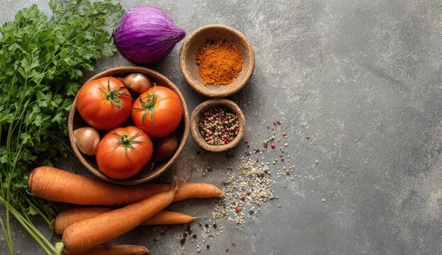 Fresh vegetables and spices on a textured surface