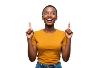 A young african american woman with her index fingers pointing upwards looking up with a happy and excited expression against a transparent background
