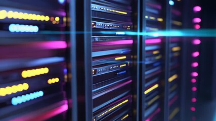 Server room blinking lights indicate working datacenter network - Powered by Adobe